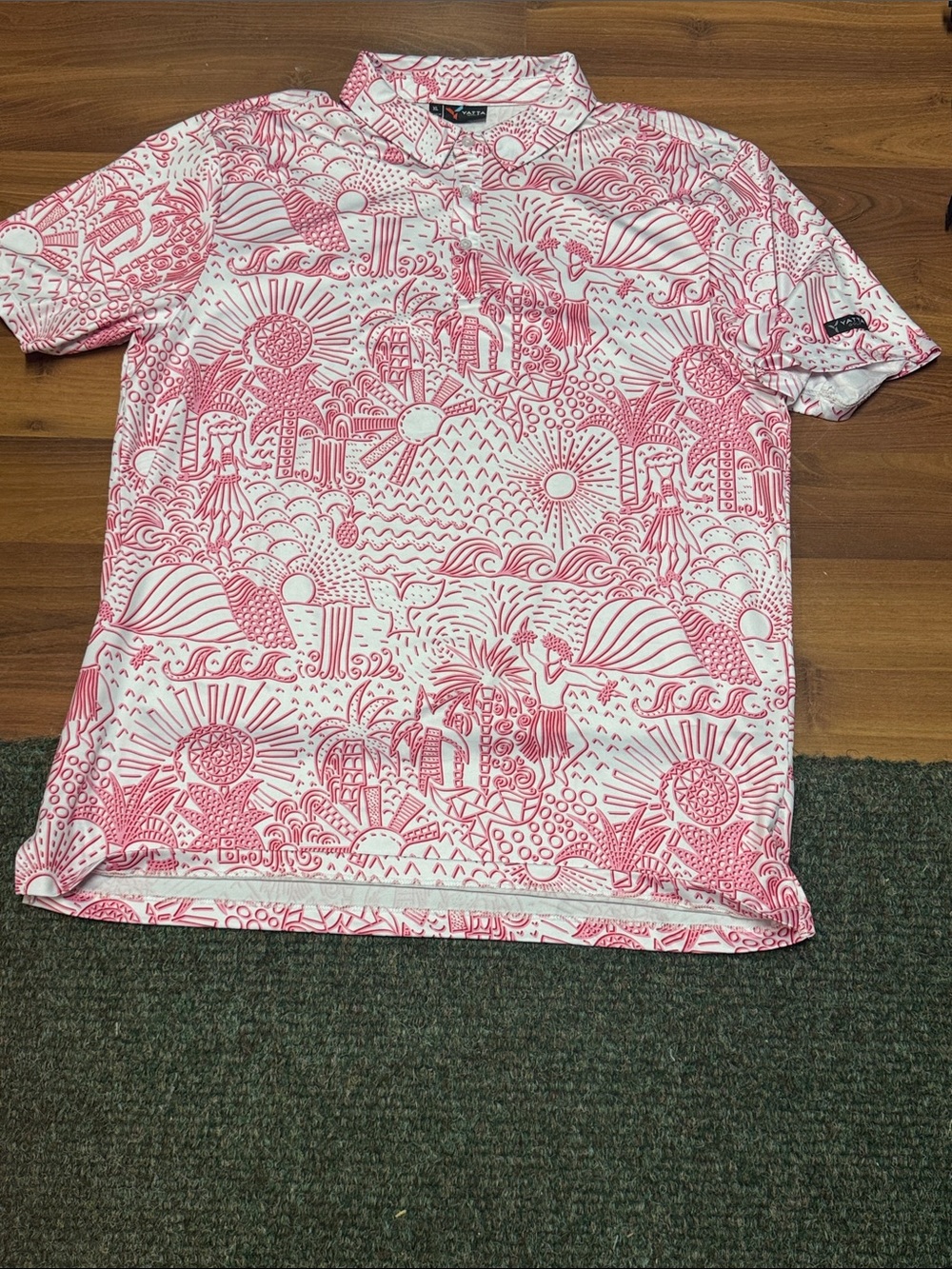 Yatta Golf Shirt Mens Pink Geometric Hawaiian Performance Polo